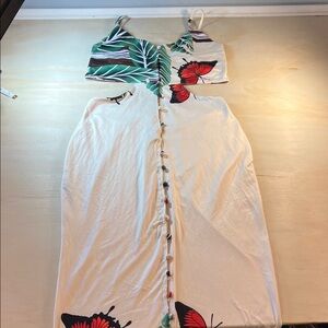 CBR White and Green Maxi Crop Dress with Butterfly Print Sz L